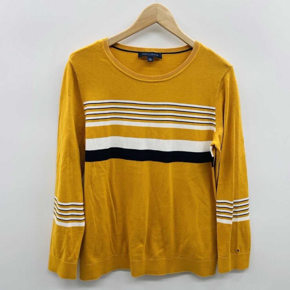 Tommy Hilfiger Womens Size Large Long Sleeve Striped Cotton Sweater in Gold 2664